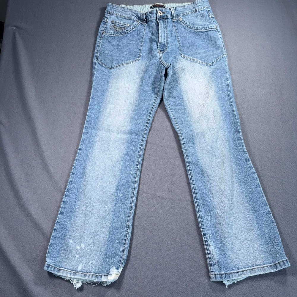 Vanilla Jeans Womens 16 Stretch Bootcut Flare Blue Denim 34x29.5 Raw Hem Y2K